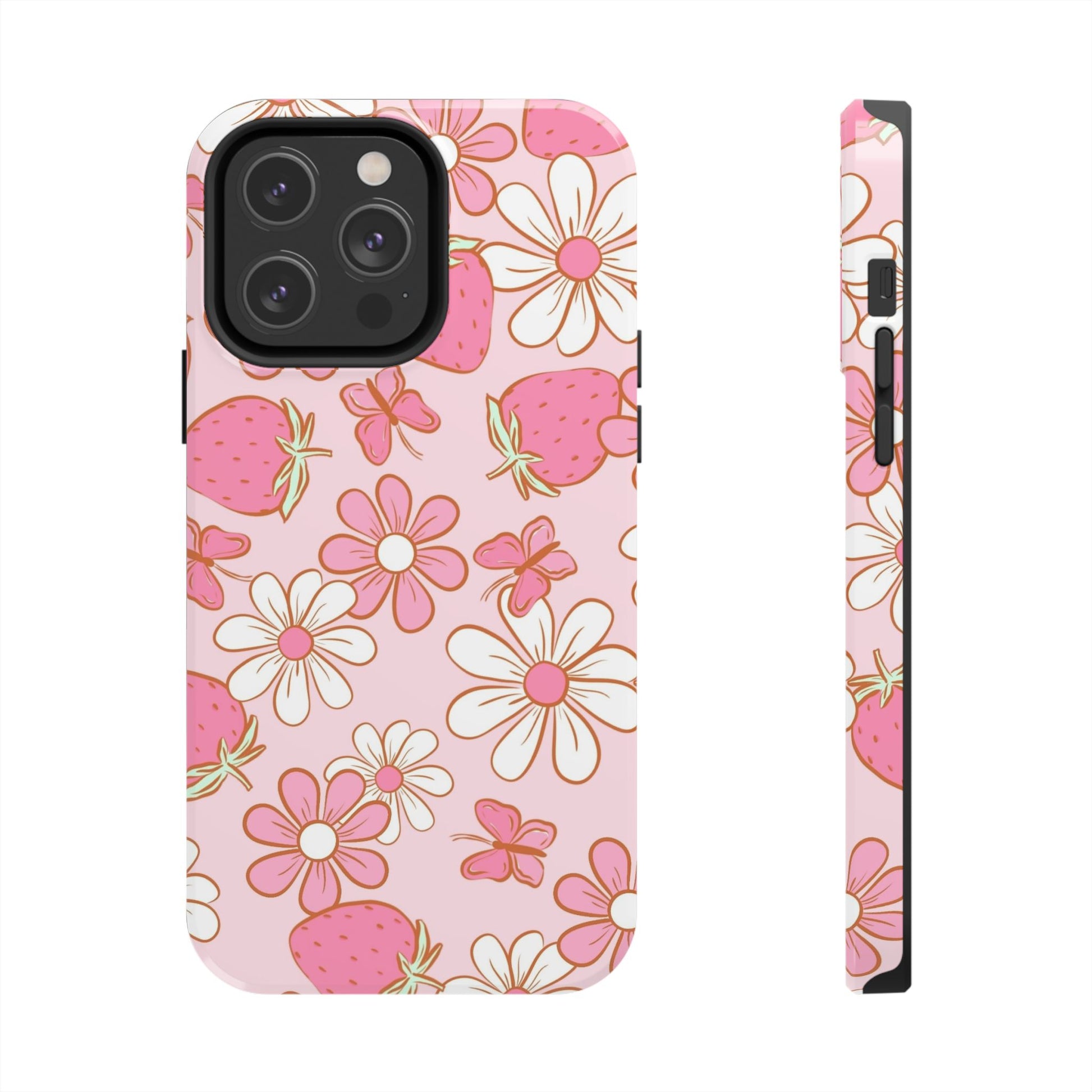 Cute Pink Strawberry and Daisy Floral Pattern Phone Case - Stylish Summer Design for iPhone and Android | Tough Phone Cases Womens Eco Friendly Apparel iPhone 14 Pro Max