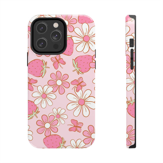 Cute Pink Strawberry and Daisy Floral Pattern Phone Case - Stylish Summer Design for iPhone and Android | Tough Phone Cases Womens Eco Friendly Apparel iPhone 14 Pro Max