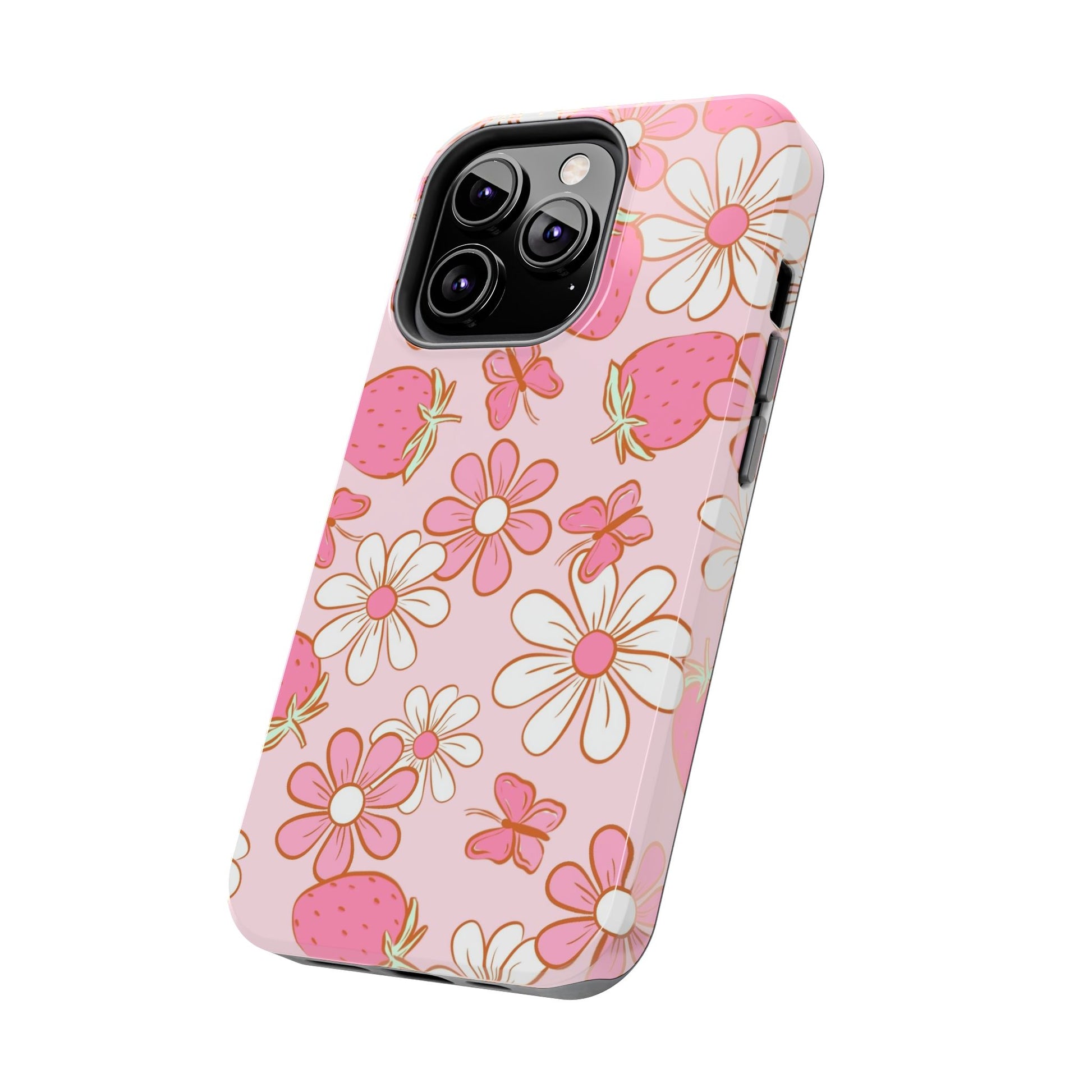 Cute Pink Strawberry and Daisy Floral Pattern Phone Case - Stylish Summer Design for iPhone and Android | Tough Phone Cases Womens Eco Friendly Apparel