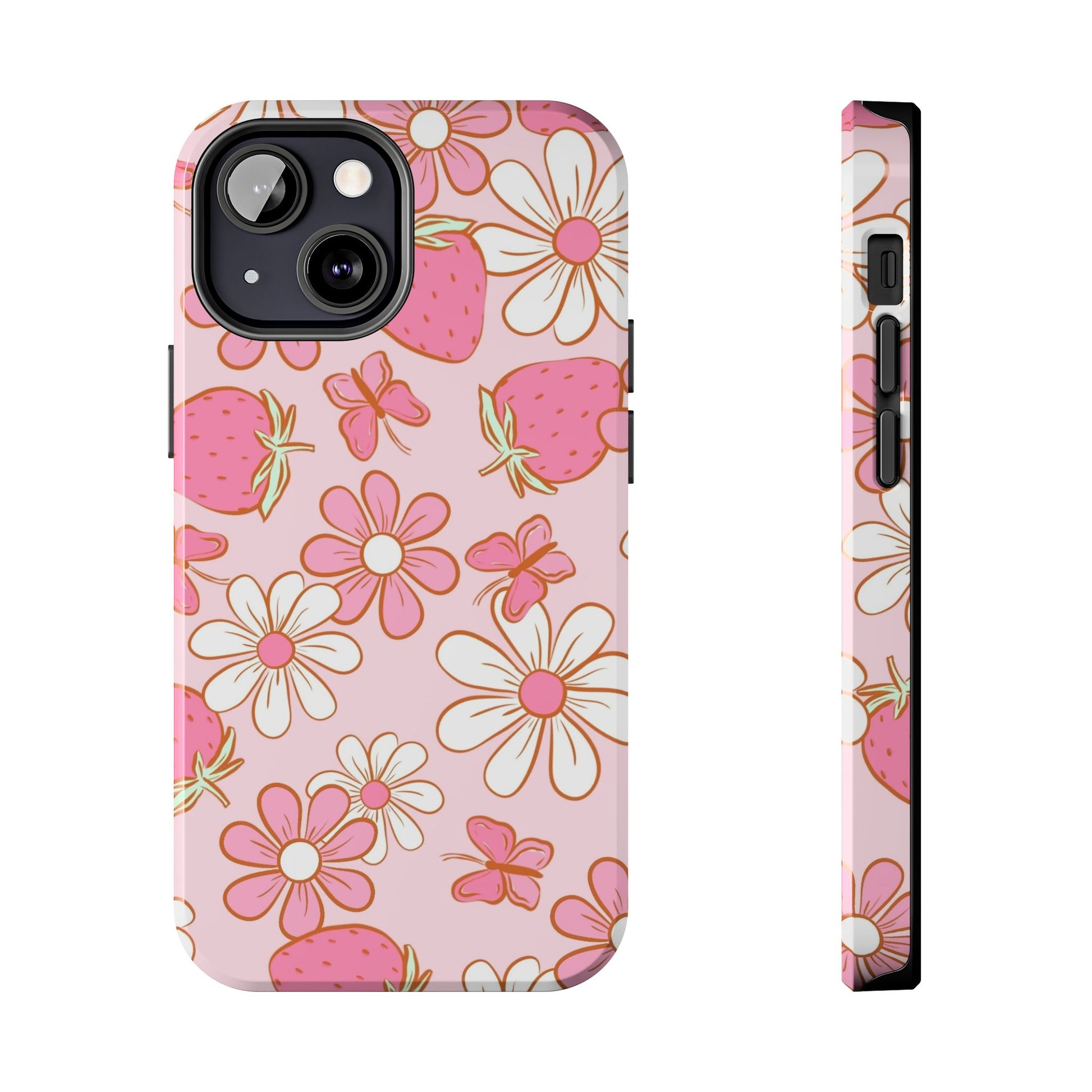 Cute Pink Strawberry and Daisy Floral Pattern Phone Case - Stylish Summer Design for iPhone and Android | Tough Phone Cases Womens Eco Friendly Apparel iPhone 13 Mini