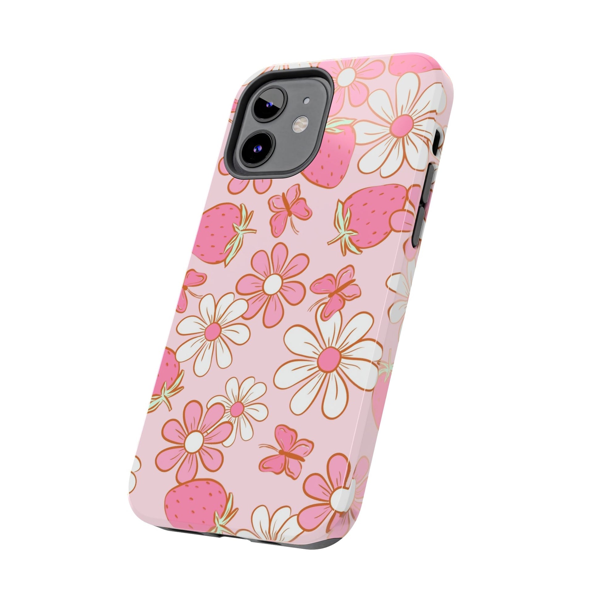 Cute Pink Strawberry and Daisy Floral Pattern Phone Case - Stylish Summer Design for iPhone and Android | Tough Phone Cases Womens Eco Friendly Apparel