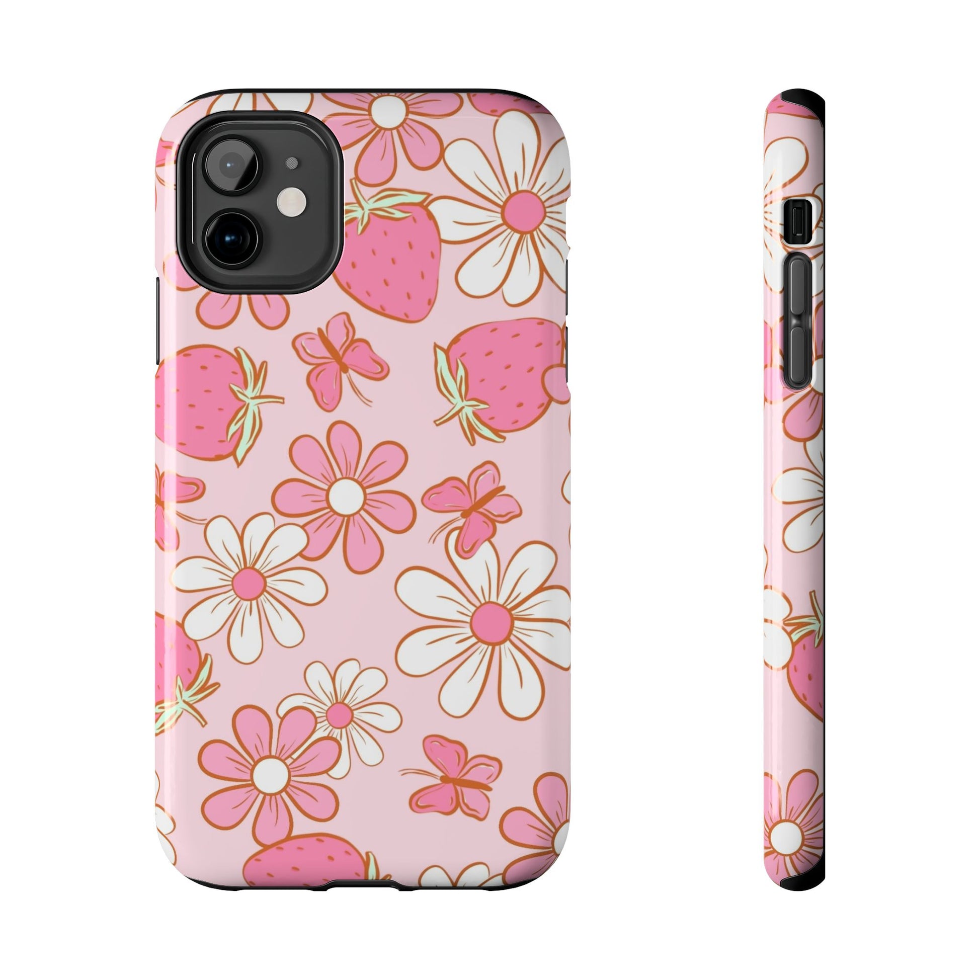Cute Pink Strawberry and Daisy Floral Pattern Phone Case - Stylish Summer Design for iPhone and Android | Tough Phone Cases Womens Eco Friendly Apparel iPhone 11