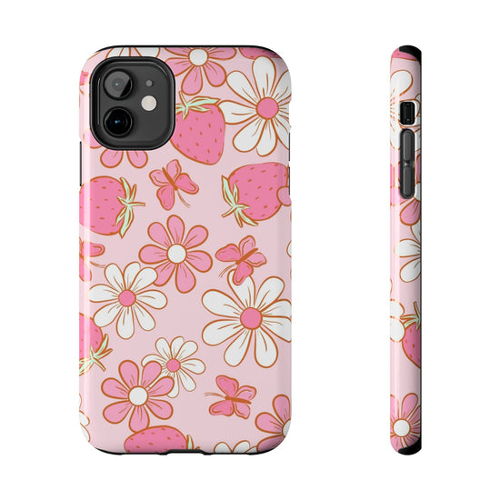 Cute Pink Strawberry and Daisy Floral Pattern Phone Case - Stylish Summer Design for iPhone and Android | Tough Phone Cases Womens Eco Friendly Apparel iPhone 11