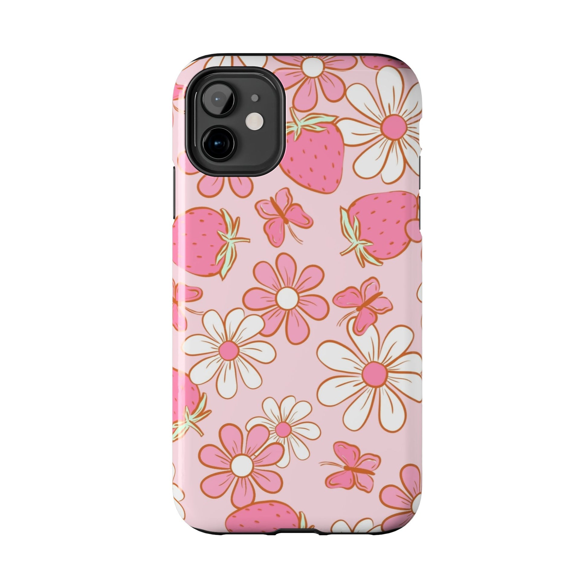 Cute Pink Strawberry and Daisy Floral Pattern Phone Case - Stylish Summer Design for iPhone and Android | Tough Phone Cases Womens Eco Friendly Apparel