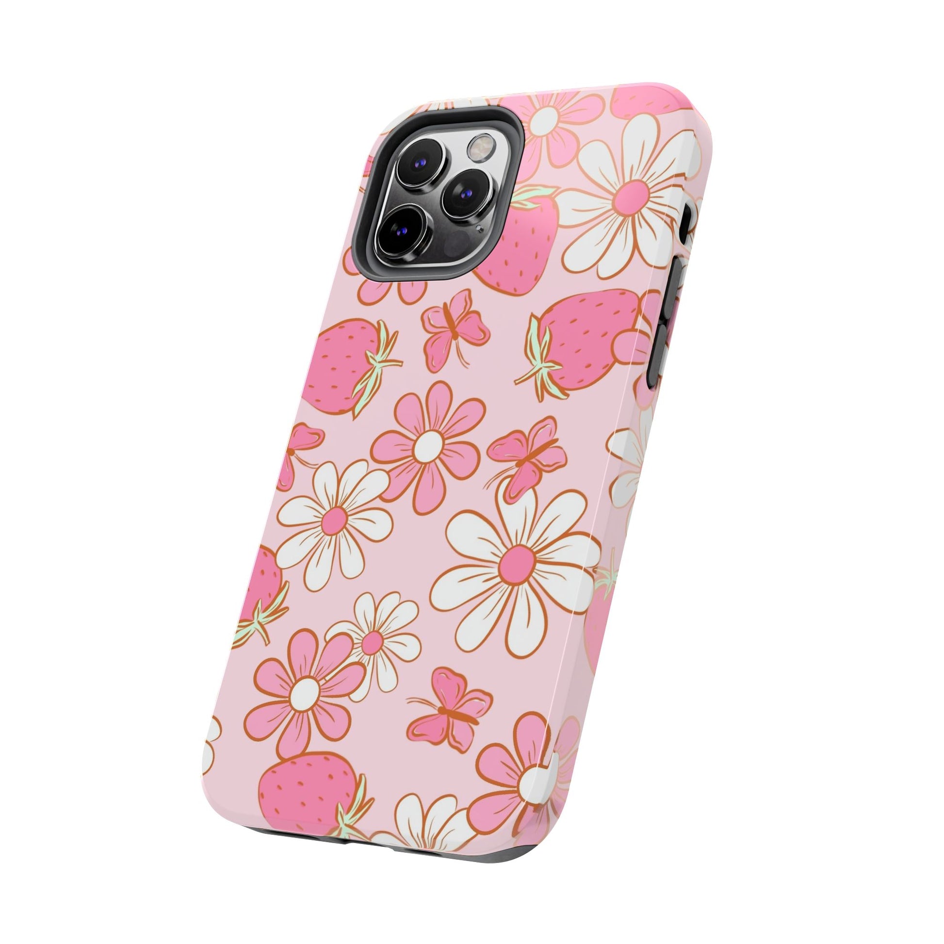 Cute Pink Strawberry and Daisy Floral Pattern Phone Case - Stylish Summer Design for iPhone and Android | Tough Phone Cases Womens Eco Friendly Apparel