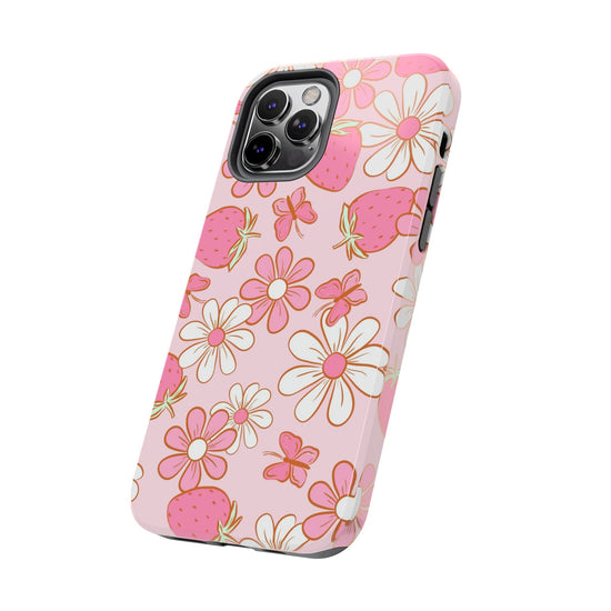 Cute Pink Strawberry and Daisy Floral Pattern Phone Case - Stylish Summer Design for iPhone and Android | Tough Phone Cases Womens Eco Friendly Apparel