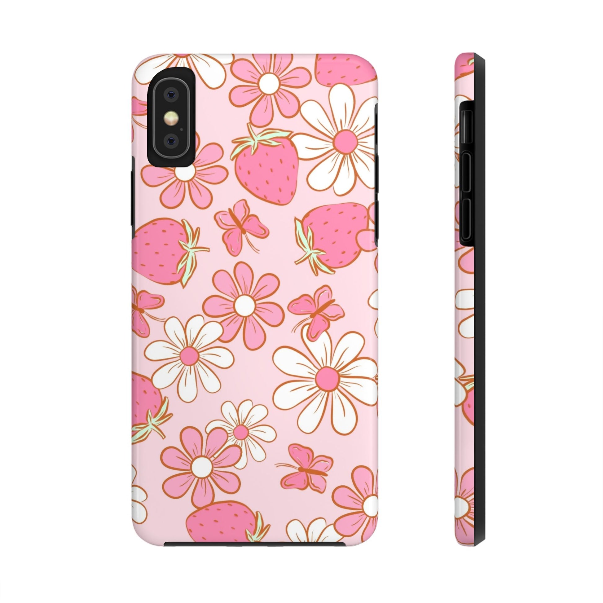 Cute Pink Strawberry and Daisy Floral Pattern Phone Case - Stylish Summer Design for iPhone and Android | Tough Phone Cases Womens Eco Friendly Apparel iPhone XS