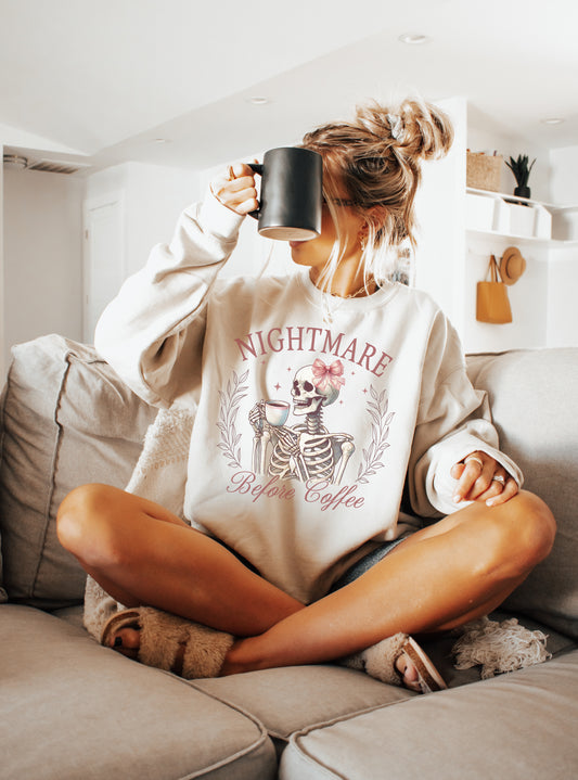 Nightmare Before Coffee Skeleton Crewneck Womens Eco Friendly Apparel