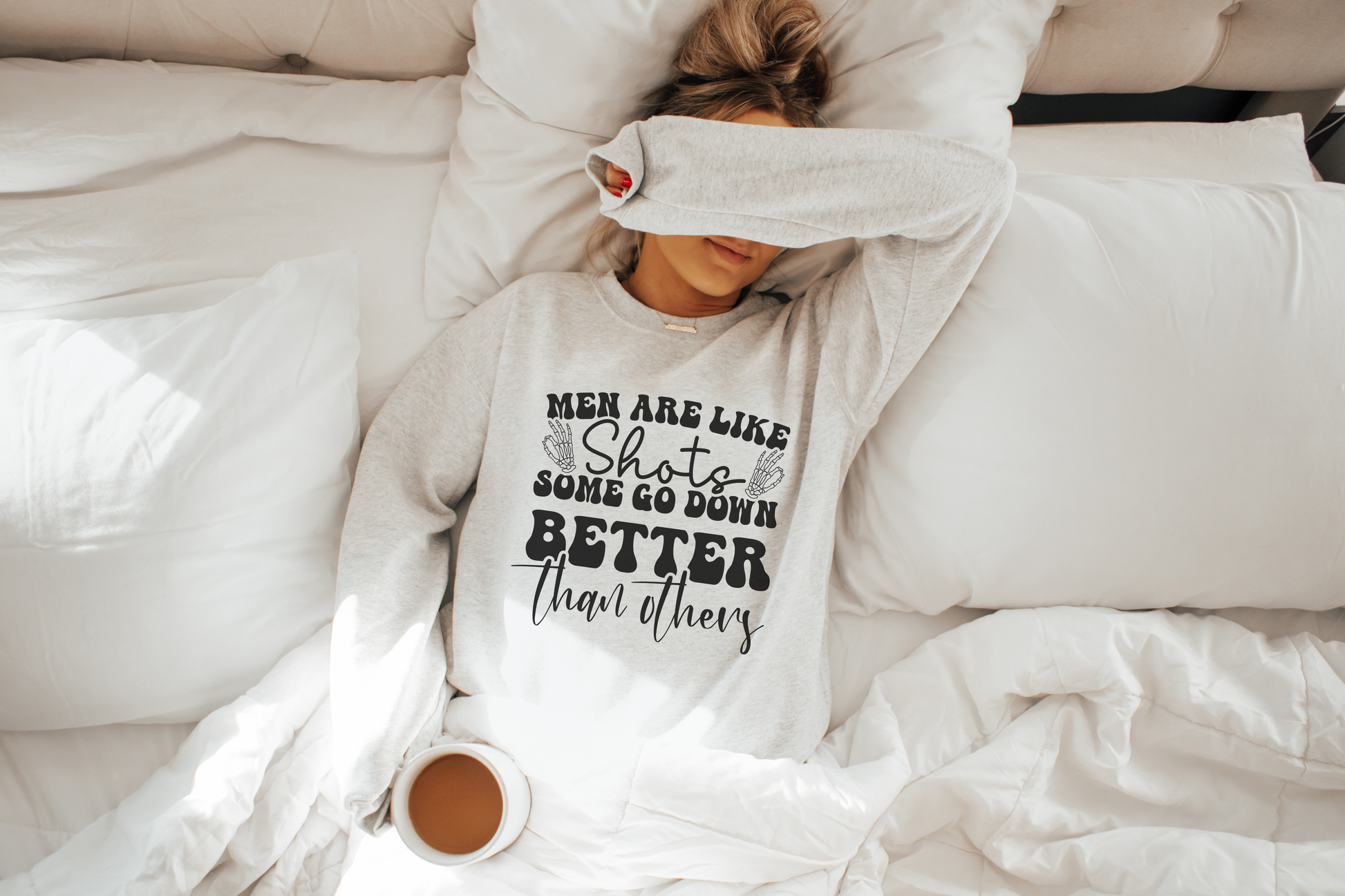 Men Are Like Shots Crewneck Womens Eco Friendly Apparel White