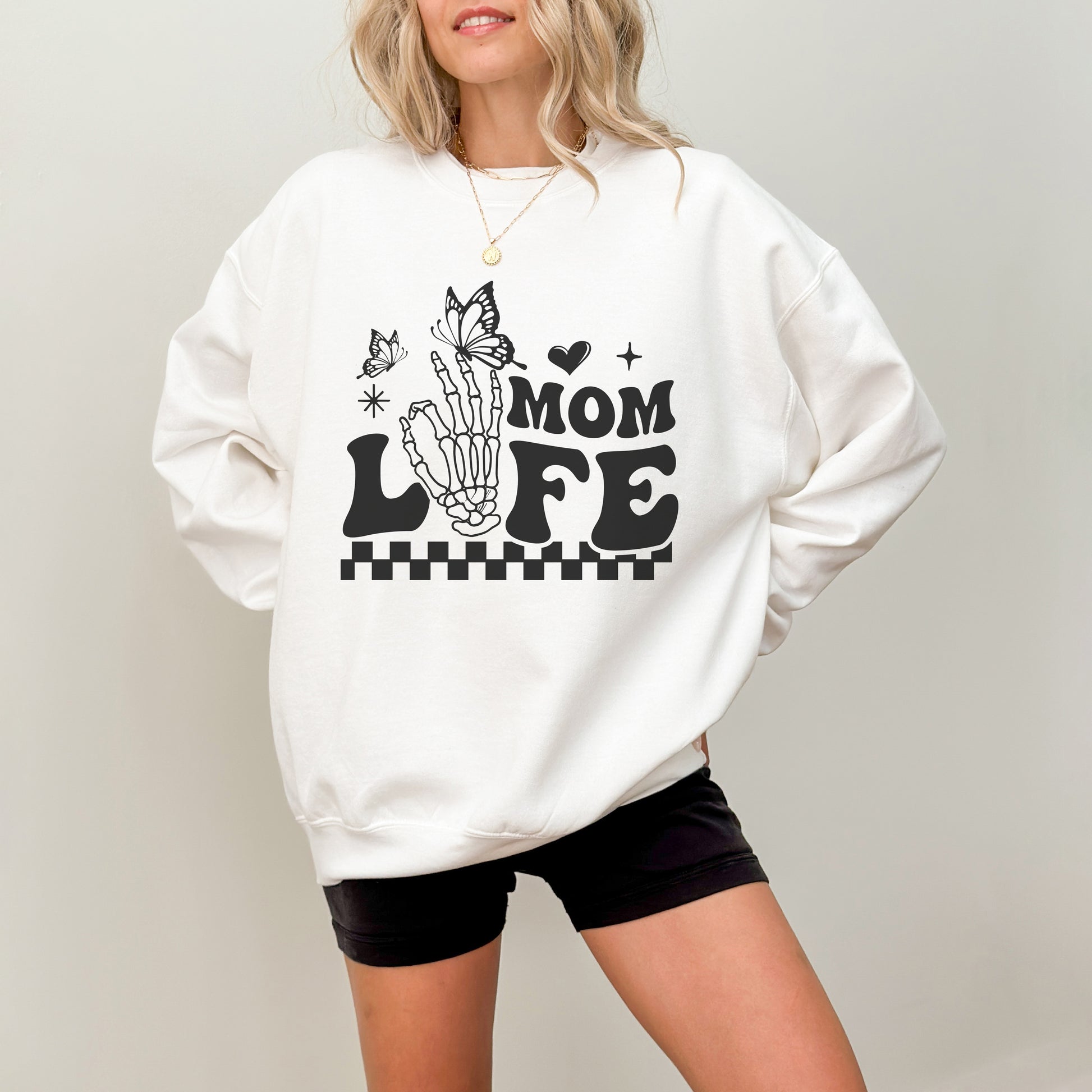 Retro Mom Life Skeleton Crewneck Womens Eco Friendly Apparel White
