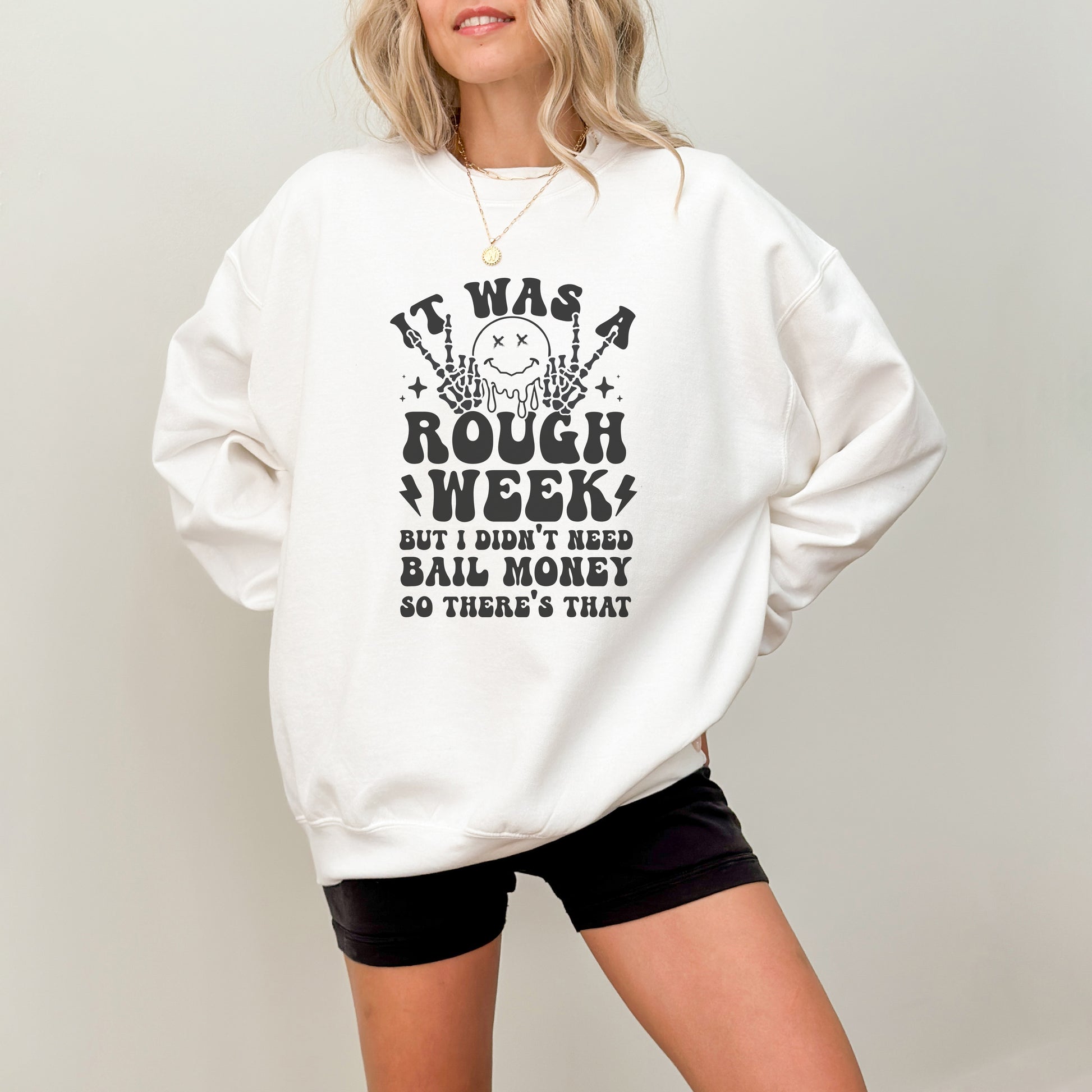 Rough Week, No Bail Money Crewneck Womens Eco Friendly Apparel White