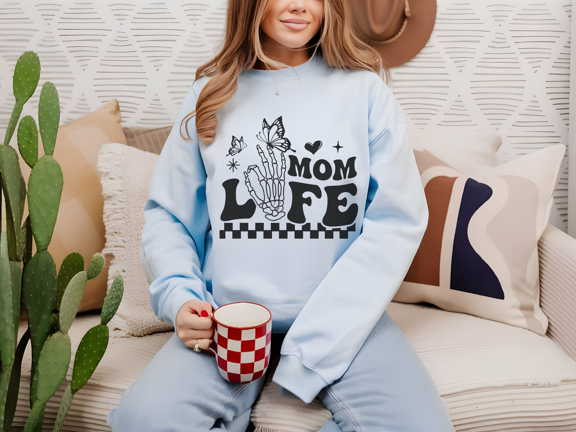 Retro Mom Life Skeleton Crewneck Womens Eco Friendly Apparel Light Blue