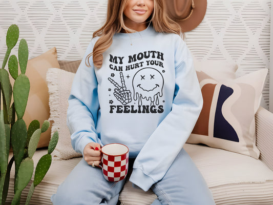 My Mouth Can Hurt Your Feelings Crewneck Womens Eco Friendly Apparel Light Blue