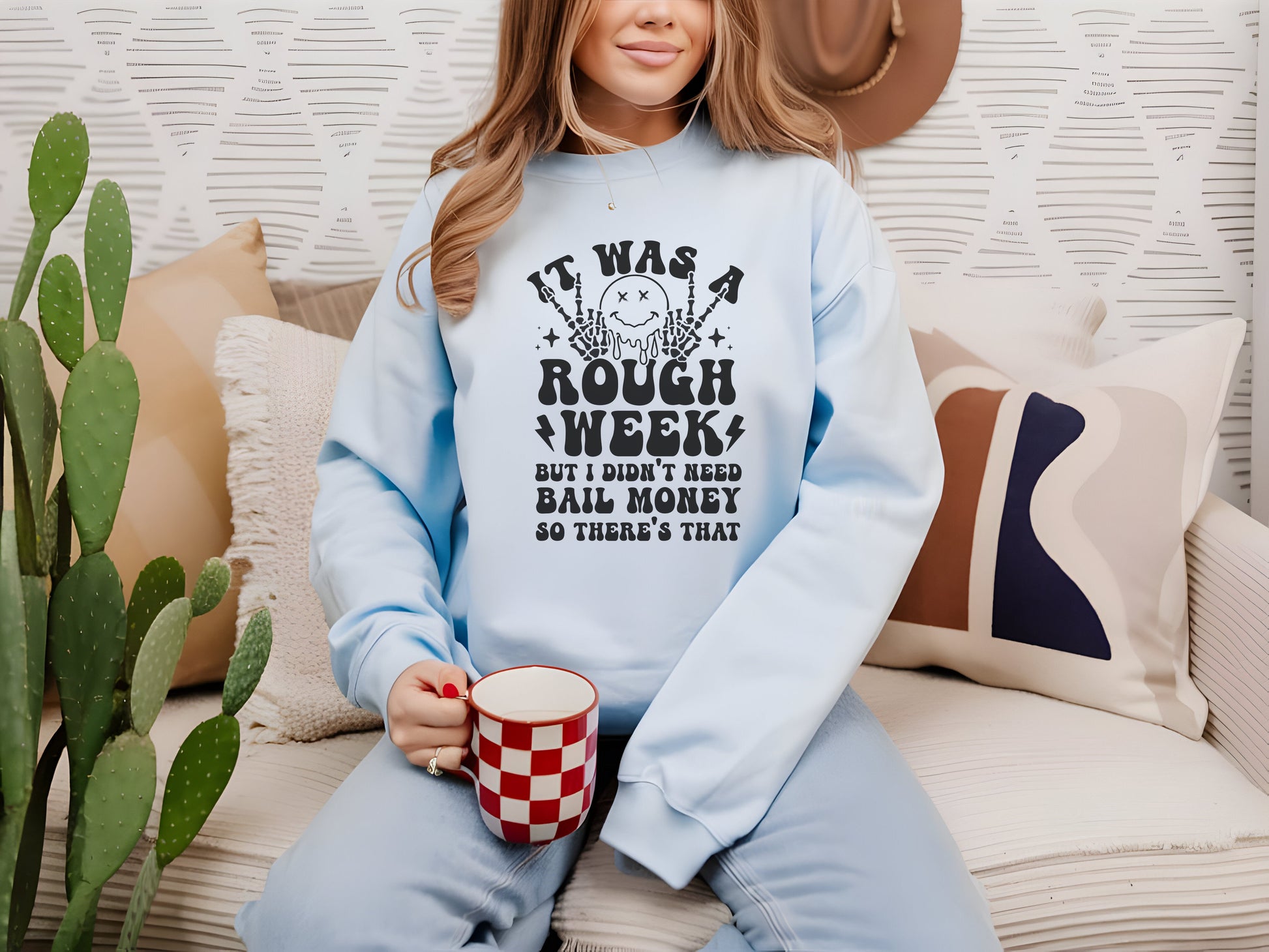 Rough Week, No Bail Money Crewneck Womens Eco Friendly Apparel Light Blue