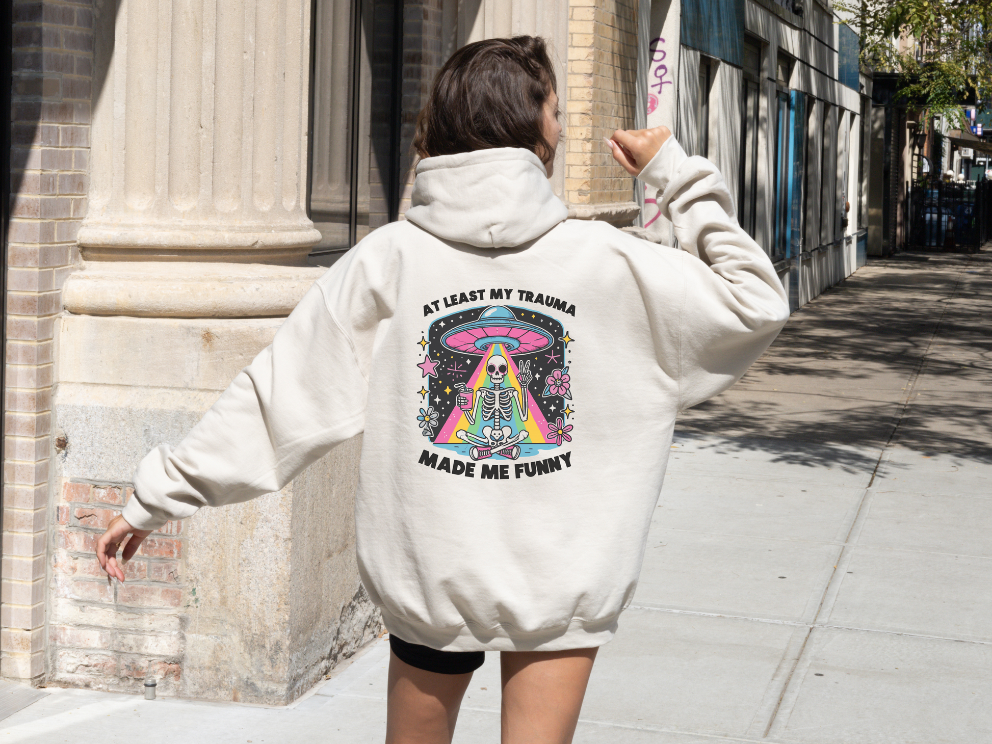 Retro Skeleton Alien Abduction Hoodie Womens Eco Friendly Apparel