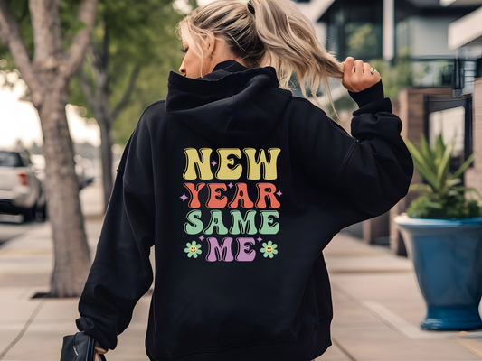 New Year Same Me Retro Hoodie Womens Eco Friendly Apparel Black