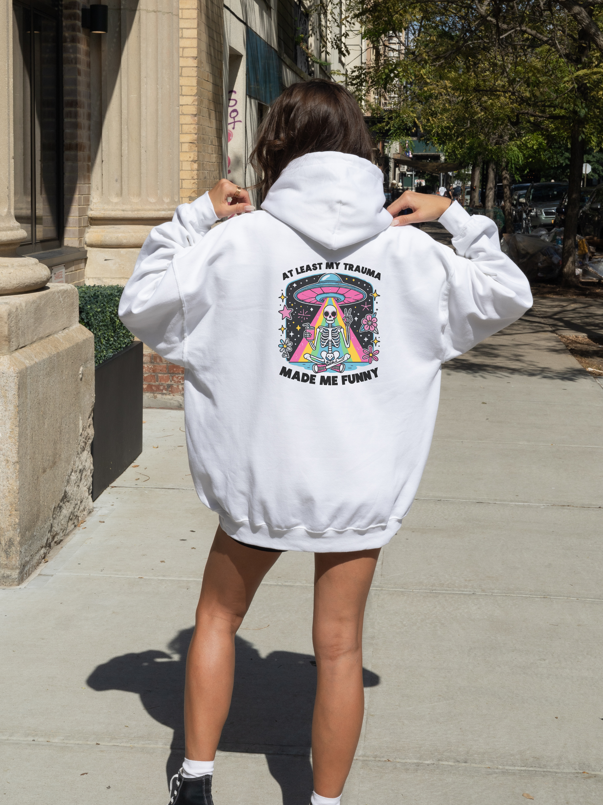 Retro Skeleton Alien Abduction Hoodie Womens Eco Friendly Apparel White