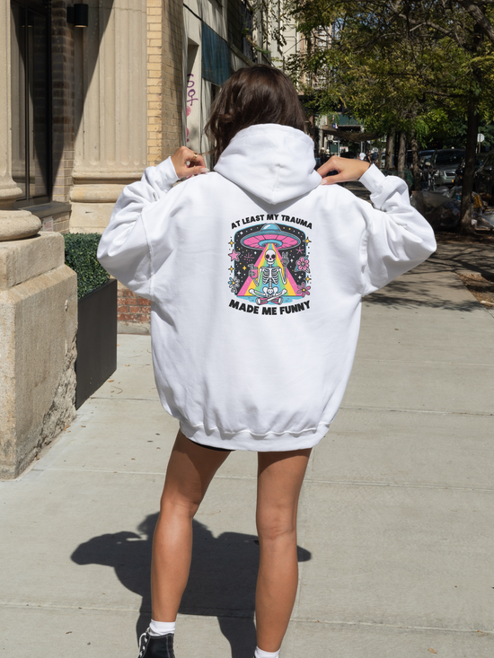 Retro Skeleton Alien Abduction Hoodie Womens Eco Friendly Apparel White