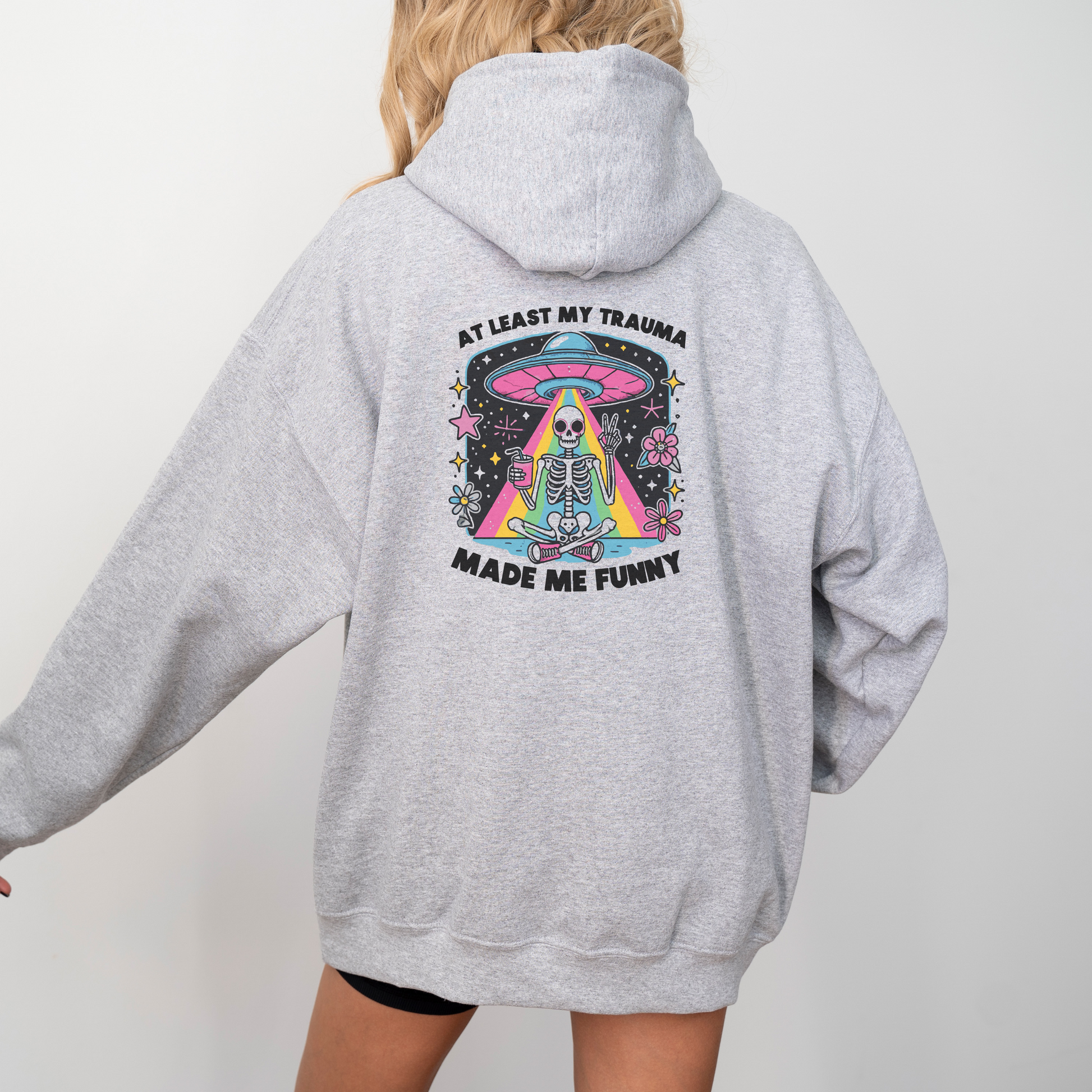 Retro Skeleton Alien Abduction Hoodie Womens Eco Friendly Apparel Sport Grey