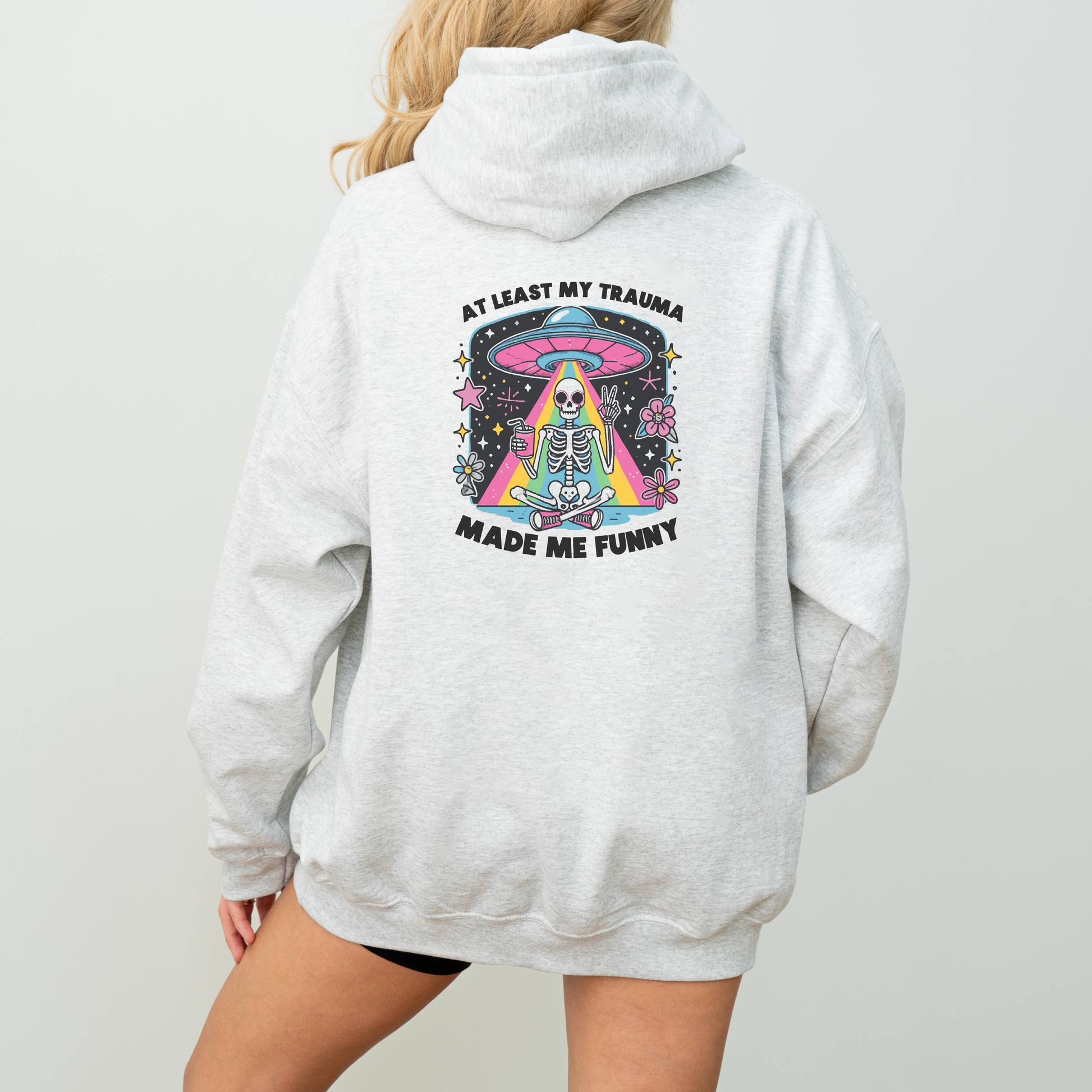 Retro Skeleton Alien Abduction Hoodie Womens Eco Friendly Apparel Ash