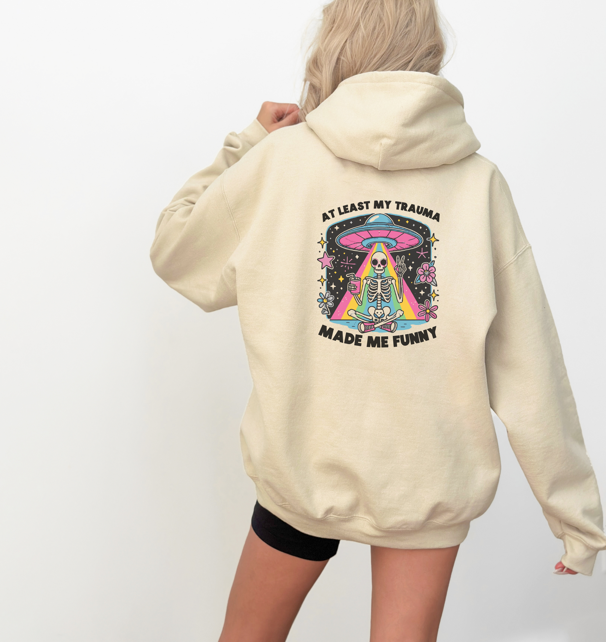 Retro Skeleton Alien Abduction Hoodie Womens Eco Friendly Apparel Sand